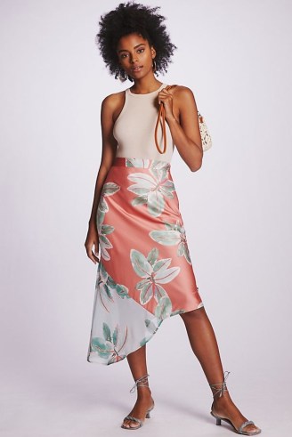 Hutch Bias Slip Midi Skirt Orange Motif ~ asymmetric floral print skirts ~ feminine fashion