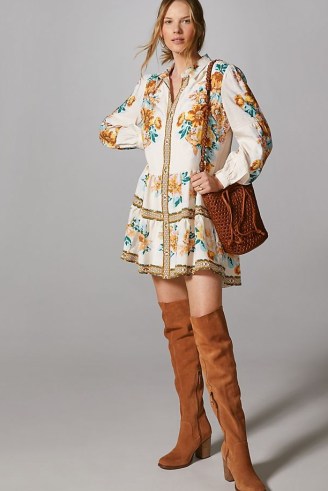 ANTHROPOLOGIE Button-Front Printed Mini Dress in Ivory ~ floral bohemian style shirt dresses - flipped