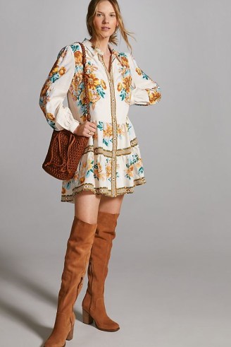 ANTHROPOLOGIE Button-Front Printed Mini Dress in Ivory ~ floral bohemian style shirt dresses