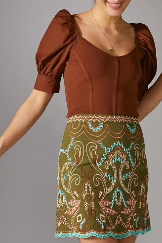ANTHROPOLOGIE A-Line Mini Skirt in Green ~ embroisered and beaded skirts - flipped