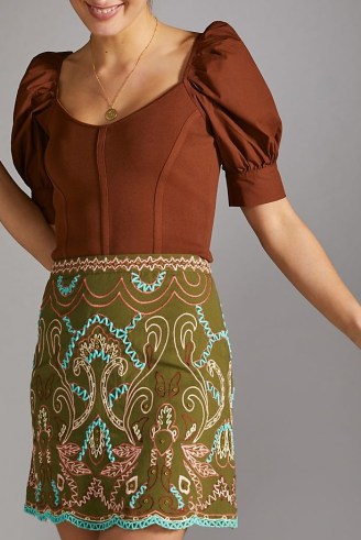 ANTHROPOLOGIE A-Line Mini Skirt in Green ~ embroisered and beaded skirts