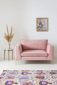 ANTHROPOLOGIE Edlyn Snuggler Sofa in Pink Plush Velvet ~ chic contemporary furniture ~ small stylish sofas