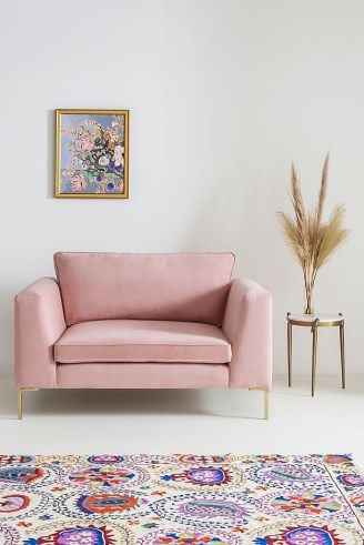 ANTHROPOLOGIE Edlyn Snuggler Sofa in Pink Plush Velvet ~ chic contemporary furniture ~ small stylish sofas - flipped
