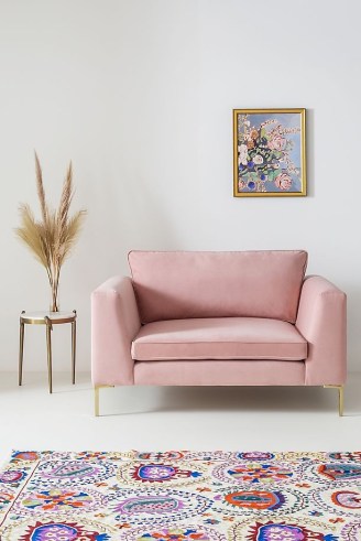 ANTHROPOLOGIE Edlyn Snuggler Sofa in Pink Plush Velvet ~ chic contemporary furniture ~ small stylish sofas