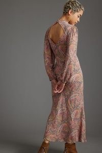 Kachel Paisley Maxi Dress in Pink ~ long sleeved open back dresses ~ cut out detail fashion