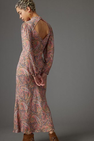 Kachel Paisley Maxi Dress in Pink ~ long sleeved open back dresses ~ cut out detail fashion - flipped
