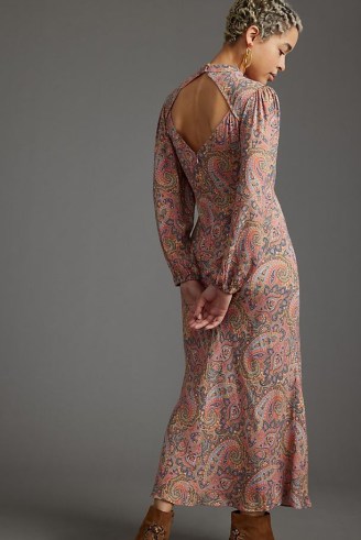 Kachel Paisley Maxi Dress in Pink ~ long sleeved open back dresses ~ cut out detail fashion