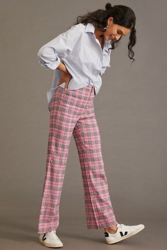 ANTHROPOLOGIE Relaxed Wide-Leg Trousers in Pink ~ womens checked trousers - flipped