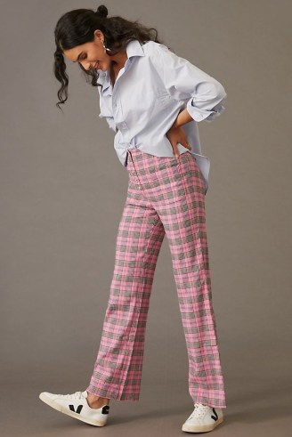 ANTHROPOLOGIE Relaxed Wide-Leg Trousers in Pink ~ womens checked trousers