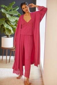 ANTHROPOLOGIE Ilia Lace-Trimmed Robe in Pink ~ women’s maxi length tie waist robes ~ womens loungewear
