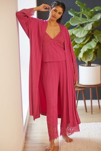 ANTHROPOLOGIE Ilia Lace-Trimmed Robe in Pink ~ women’s maxi length tie waist robes ~ womens loungewear - flipped