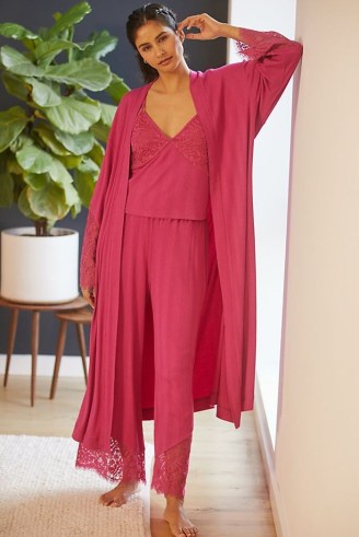ANTHROPOLOGIE Ilia Lace-Trimmed Robe in Pink ~ women’s maxi length tie waist robes ~ womens loungewear
