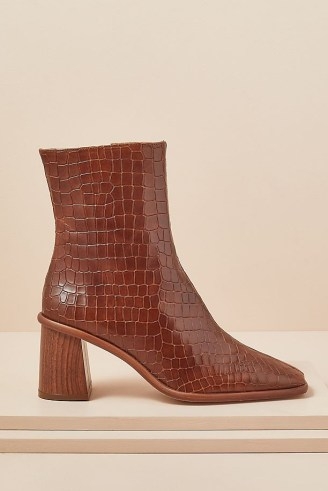 Alohas West Cape Croc Boots in Brown ~ womens crocodile embossed leather footwear ~ square toe ~ block heel - flipped