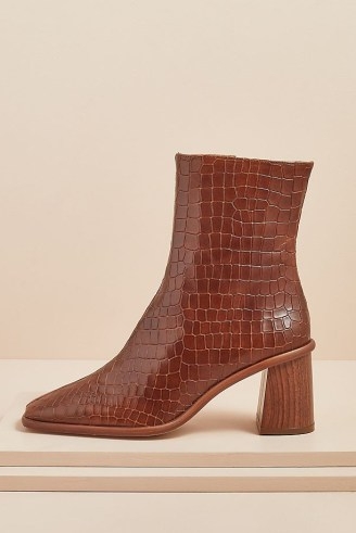Alohas West Cape Croc Boots in Brown ~ womens crocodile embossed leather footwear ~ square toe ~ block heel