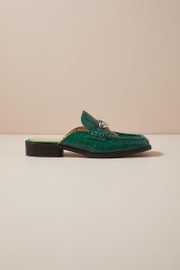 ANTHROPOLOGIE Slip-On Loafers in Holly ~ women’s green square toe loafer mules ~ womens croc effect shoes ~ chain detail