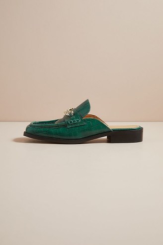 ANTHROPOLOGIE Slip-On Loafers in Holly ~ women’s green square toe loafer mules ~ womens croc effect shoes ~ chain detail - flipped