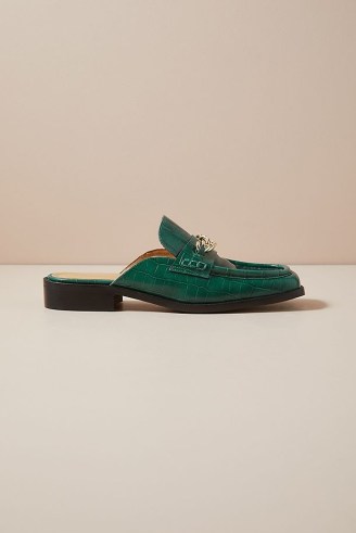 ANTHROPOLOGIE Slip-On Loafers in Holly ~ women’s green square toe loafer mules ~ womens croc effect shoes ~ chain detail