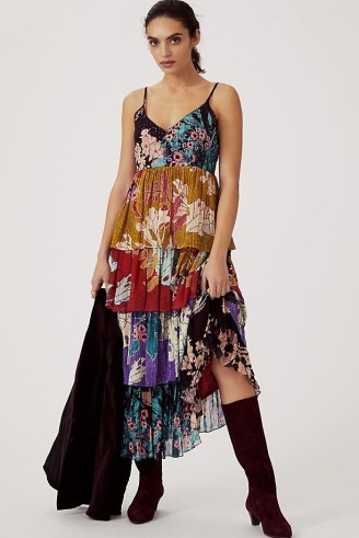Bhanuni by Jyoti Tiered Maxi Dress / mixed floral print layered dresses / skinny shoulder strap fashion
