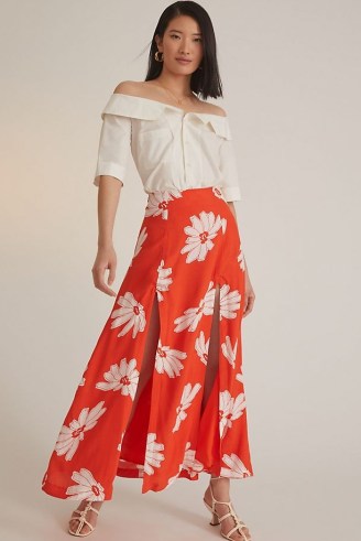 Maeve Floral Midi Skirt in Red / high split hem skirts / bold flower print fashion - flipped