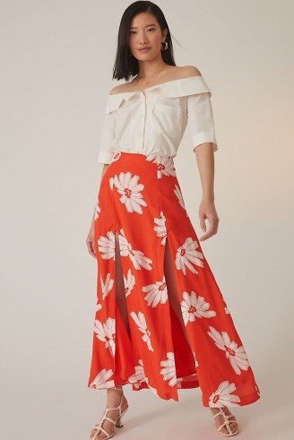 Maeve Floral Midi Skirt in Red / high split hem skirts / bold flower print fashion