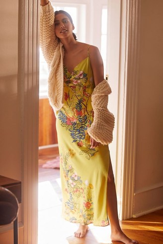 ANTHROPOLOGIE Floral Slip Dress in Chartreuse ~ floral cami shoulder strap maxi dresses