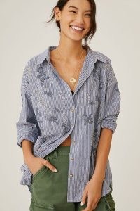 Pilcro Embroidered Buttondown Blue Motif / women’s striped shirts with floral embroidery
