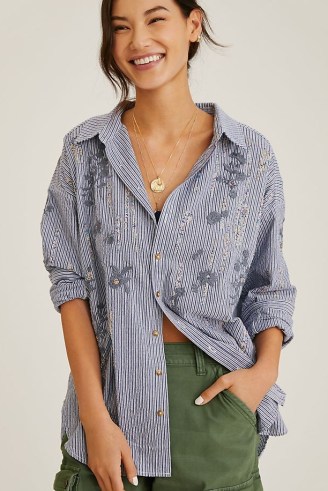 Pilcro Embroidered Buttondown Blue Motif / women’s striped shirts with floral embroidery - flipped