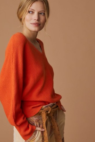 Anthropologie Slouchy V-Neck Jumper in Dark Orange | women’s bright relaxed fit jumpers - flipped