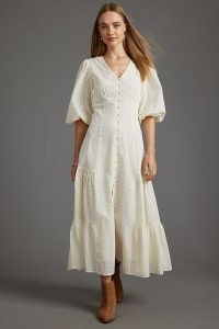 Anthropologie Broderie Cut-Out Midi Dress Ivory | puff sleeve tiered hem button front cotton dresses