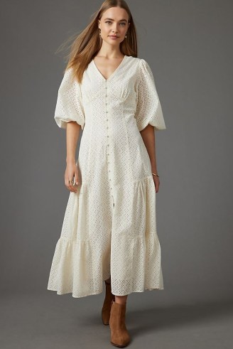Anthropologie Broderie Cut-Out Midi Dress Ivory | puff sleeve tiered hem button front cotton dresses - flipped