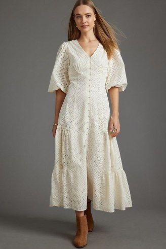 Anthropologie Broderie Cut-Out Midi Dress Ivory | puff sleeve tiered hem button front cotton dresses