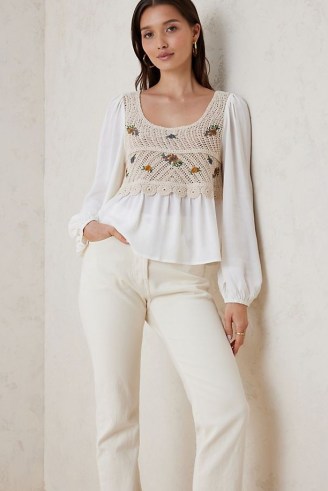 Anthropologie Embroidered Crochet Blouse Ivory | knitted panel peasant tops | feminine boho style fashion - flipped