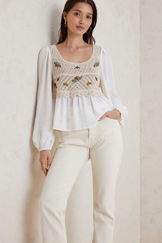 Anthropologie Embroidered Crochet Blouse Ivory | knitted panel peasant tops | feminine boho style fashion
