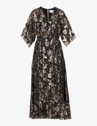 BA&SH Tee floral-print silk midi dress in noir – black semi sheer metallic detail tie waist dresses