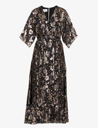 BA&SH Tee floral-print silk midi dress in noir – black semi sheer metallic detail tie waist dresses - flipped