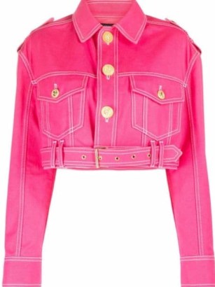 Balmain x Barbie cropped pink denim jacket ~ womens bright coloured crop hem military style jackets - flipped