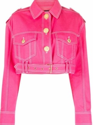 Balmain x Barbie cropped pink denim jacket ~ womens bright coloured crop hem military style jackets
