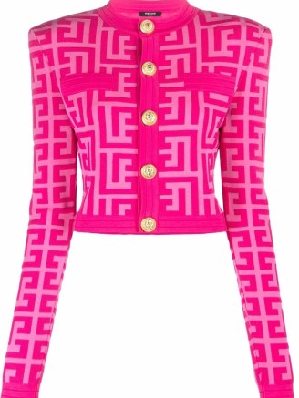 Balmain x Barbie pink monogram-print cardigan ~ womens designer wool cardigans - flipped