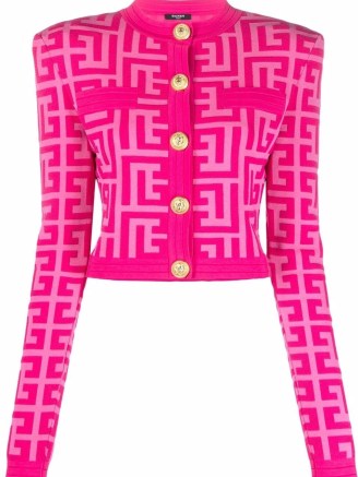 Balmain x Barbie pink monogram-print cardigan ~ womens designer wool cardigans
