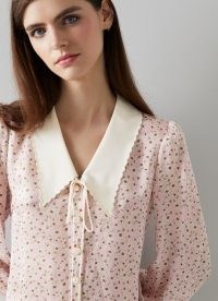 L.K. BENNETT BEECHAM PINK DAISY PRINT SCALLOP COLLAR SILK BLOUSE ~ floral vintage style blouses ~ fashion for a ladylike sensibility