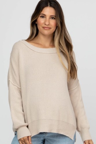PINKBLUSH Beige Exposed Seam Side Slit Maternity Sweater – on-trend pregnancy knitwear – slouchy drop shoulder sweaters – stylish round neck jumpers – split hem – cool casual style - flipped