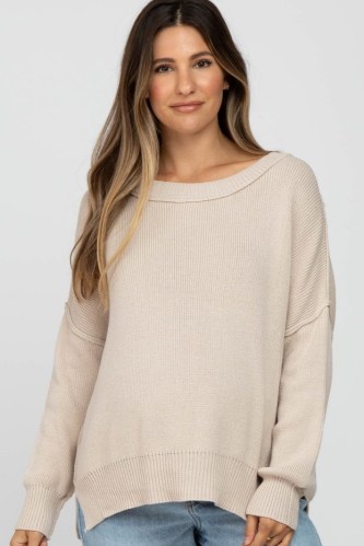 PINKBLUSH Beige Exposed Seam Side Slit Maternity Sweater – on-trend pregnancy knitwear – slouchy drop shoulder sweaters – stylish round neck jumpers – split hem – cool casual style