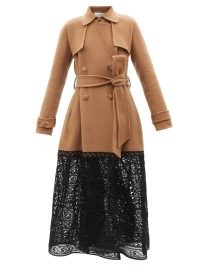 GABRIELA HEARST Midnight lace and felted-cashmere coat in beige ~ semi sheer panel tie waist belted coats ~ womens luxe designer outerwear