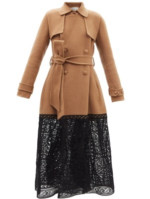 GABRIELA HEARST Midnight lace and felted-cashmere coat in beige ~ semi sheer panel tie waist belted coats ~ womens luxe designer outerwear - flipped