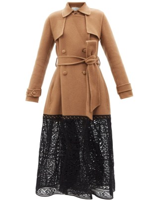 GABRIELA HEARST Midnight lace and felted-cashmere coat in beige ~ semi sheer panel tie waist belted coats ~ womens luxe designer outerwear