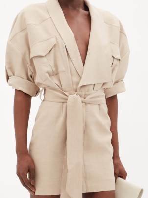 ALEXANDRE VAUTHIER Oversized wrap slubbed-canvas shirt dress | beige belted tie waist dresses | chic designer fashion - flipped