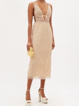 GUCCI Plunge-front floral-lace midi dress in beige ~ luxe plunging V-neck party dresses ~ womens designer event fashion ~ feminine occasion clothing