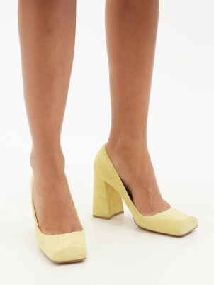BOTTEGA VENETA Tower square-toe beige-suede pumps / squared off court shoes / luxe block heel courts - flipped