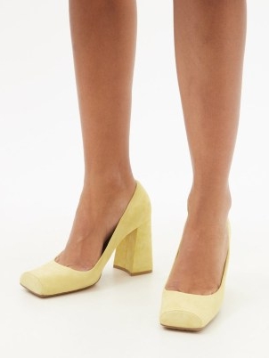 BOTTEGA VENETA Tower square-toe beige-suede pumps / squared off court shoes / luxe block heel courts