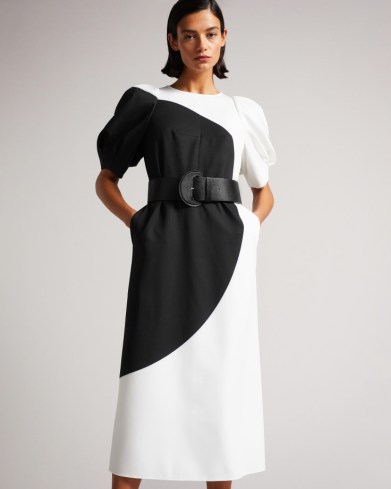 TED BAKER SEMONA belted Large Spot Print Midi Dress in White / monochrome puff sleeve belted occasion dresses
